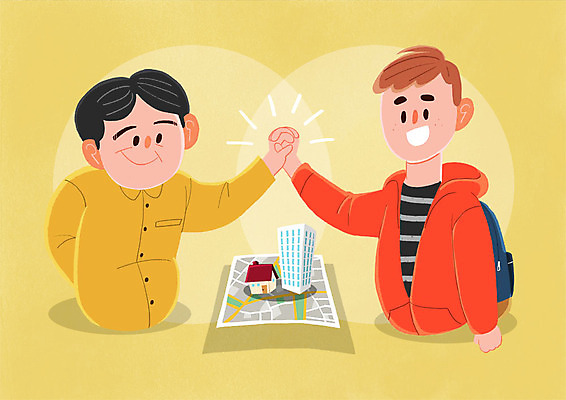 PSD 남자 중년 지도 일러스트 악수 아파트 주택 미소 사람 상반신 청년 두명 희망 화합 이웃 보금자리 분양 주민 성인남자만 국내일러스트 감정 부동산 표정 손짓 성인 건물 남자만 성인만 파일형식