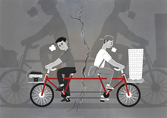 전신 PSD 남자 벽 일러스트 아파트 주택 그림자 사람 청년 성인 두명 희망 분노 균열 승차 반대 이웃 2인용자전거 곤란 보금자리 분양 주민 성인남자만 국내일러스트 감정 모션 부동산 건물 자전거 남자만 성인만 파일형식