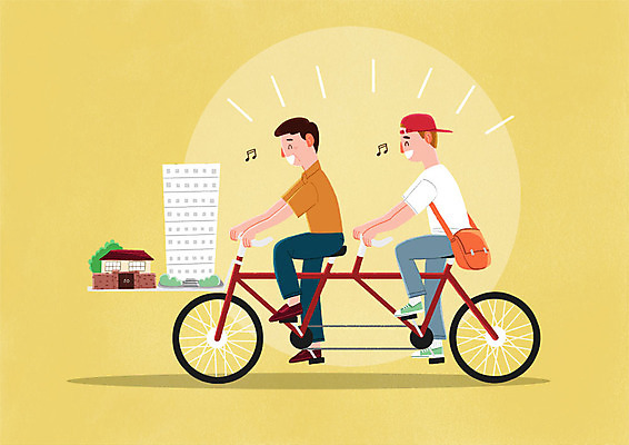 전신 PSD 남자 일러스트 아파트 주택 미소 사람 청년 성인 두명 희망 승차 즐거움 화합 이웃 2인용자전거 보금자리 분양 주민 성인남자만 국내일러스트 감정 모션 부동산 표정 건물 자전거 남자만 성인만 파일형식