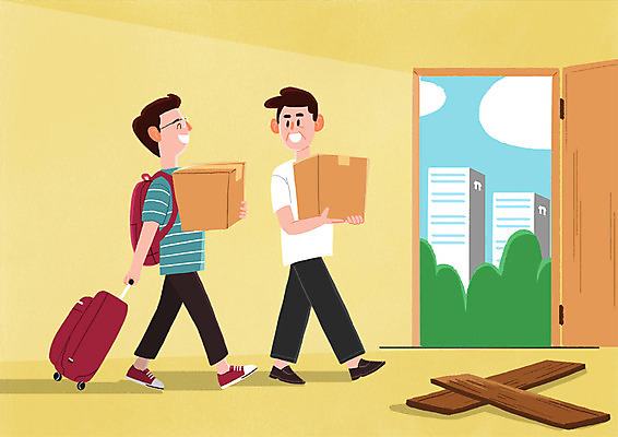 전신 PSD 남자 일러스트 아파트 미소 사람 청년 성인 두명 캐리어 희망 짐 즐거움 현관문 이삿짐 이웃 보금자리 분양 주민 성인남자만 국내일러스트 감정 부동산 주택 표정 문 여행가방 이사 남자만 성인만 파일형식