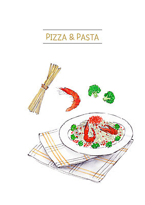 PSD 음식 일러스트 새우 파스타 요리 사람없음 식탁보 브로콜리 크림소스파스타 해물파스타 국내일러스트 채소 서양음식 갑각류 파일형식