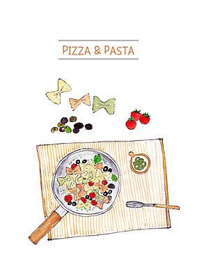 PSD 음식 포크 일러스트 방울토마토 파스타 요리 사람없음 식탁보 냄비 올리브 피클 파르팔레 국내일러스트 식기 열매 토마토 서양음식 솥 절임 파스타면 파일형식