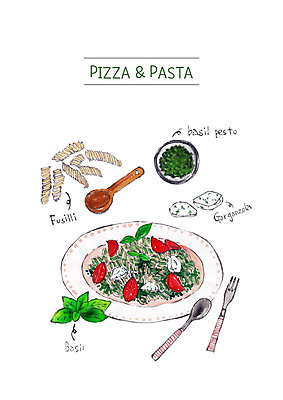 PSD 음식 포크 일러스트 치즈 파스타 요리 사람없음 숟가락 바질 파스타면 푸질리 국내일러스트 식기 식재료 유제품 서양음식 수저 면류 파일형식
