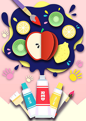 교육 일러스트 미술 사람없음 물감 붓 색칠 페이퍼아트 사과 레몬 라임 미술교육 손자국 국내일러스트 AI파일 과일 자국 문화예술 미술도구 파일형식 벡터