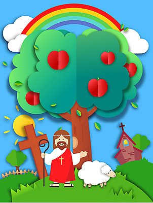 교육 기독교 십자가 무지개 일러스트 지팡이 미소 초원 사람없음 태양 교회 양 예수 페이퍼아트 사과나무 국내일러스트 AI파일 자연요소 나무 종교 포유류 종교건축 표정 건물 신_종교 사과 파일형식 벡터