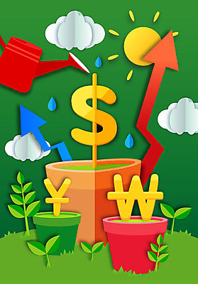 구름 교육 화살표 화분 일러스트 잔디 사람없음 금융 태양 달러 물뿌리개 원화 화폐기호 풀잎 엔 페이퍼아트 국내일러스트 AI파일 자연요소 식물 기호 잎 돈 경제 풀_식물 화폐 파일형식 벡터