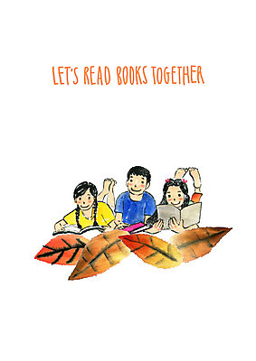 PSD 여자 남자 어린이라이프 어린이 엎드리기 낙엽 일러스트 미소 사람 소녀 소년 세명 독서 어린이만 국내일러스트 라이프스타일 잎 모션 표정 파일형식