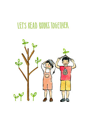 전신 PSD 나무 여자 남자 어린이라이프 어린이 일러스트 서기 미소 들기 사람 소녀 소년 두명 책 독서 새싹 머리위 어린이만 국내일러스트 식물 라이프스타일 모션 표정 파일형식