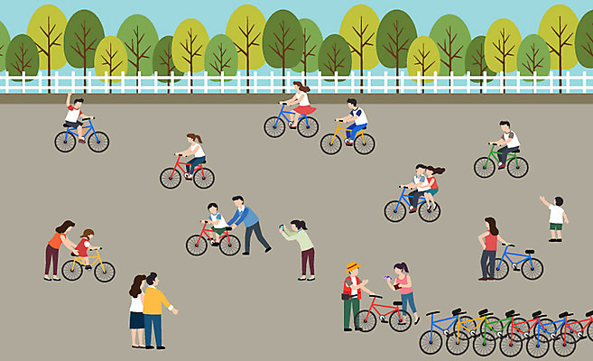 전신 나무 라이프스타일 공원 여자 남자 어린이 일러스트 사람 여러명 성인 일상 자전거 승차 즐거움 대여 국내일러스트 AI파일 식물 공공시설 감정 다수 모션 라이프 생활 바이크 파일형식 벡터