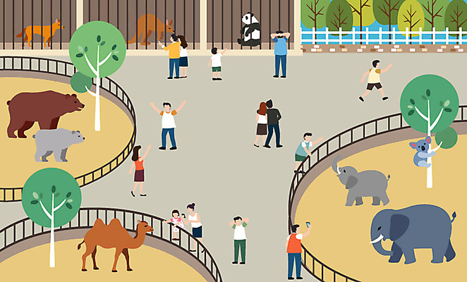 전신 동물 라이프스타일 여자 남자 어린이 일러스트 곰 코끼리 동물원 사람 여러명 성인 일상 판다 구경 즐거움 낙타 코알라 국내일러스트 AI파일 감정 다수 포유류 라이프 생활 파일형식 벡터