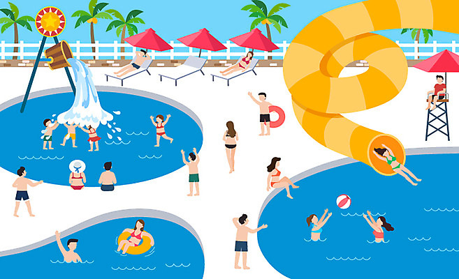 전신 라이프스타일 여자 남자 수영복 어린이 일러스트 수영장 사람 여러명 성인 일상 라이프 여름 야자수 파라솔 비치볼 즐거움 선베드 튜브 워터슬라이드 워터파크 국내일러스트 AI파일 나무 옷 계절 감정 다수 의자 공 바캉스용품 생활 파일형식 벡터