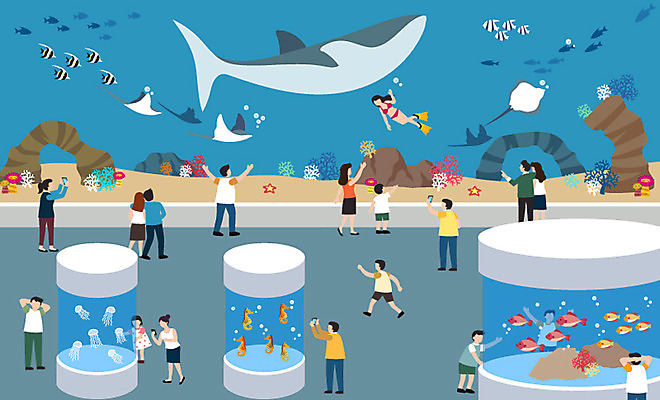 전신 라이프스타일 여자 남자 어린이 여러마리 일러스트 어류 사람 여러명 성인 일상 사진촬영 어항 고래 열대어 구경 즐거움 수족관 관람 해파리 아쿠아리움 해마 국내일러스트 AI파일 감정 다수 포유류 라이프 생활 촬영 바다동물 수중동물 자포동물 파일형식 벡터