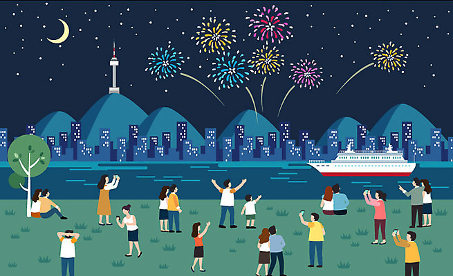 전신 라이프스타일 커플 여자 남자 별 어린이 일러스트 불꽃놀이 서기 사람 앉기 빌딩 여러명 성인 일상 사진촬영 도시 야간 초승달 유람선 구경 한강 남산타워 국내일러스트 AI파일 자연요소 다수 배_교통 관계 모션 놀이 서울 건물 라이프 생활 촬영 달 남산 랜드마크 파일형식 벡터