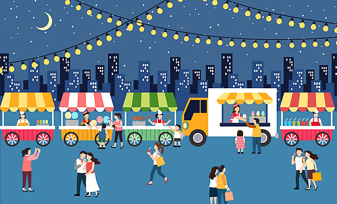 전신 라이프스타일 여자 남자 어린이 일러스트 전등 사람 빌딩 여러명 성인 일상 도시 구매 야간 초승달 먹기 구경 노점상 길거리음식 먹거리 야시장 푸드트럭 국내일러스트 AI파일 자연요소 음식 다수 모션 조명 건물 라이프 생활 쇼핑 트럭 달 시장 파일형식 벡터