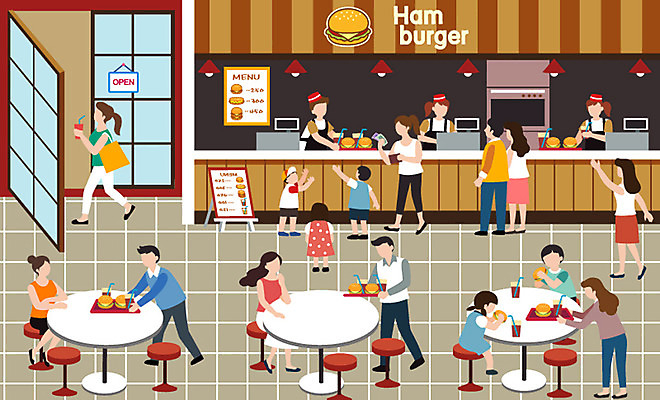 전신 라이프스타일 여자 남자 음료 어린이 일러스트 탁자 서기 사람 앉기 여러명 성인 일상 햄버거 먹기 주문 패스트푸드점 햄버거가게 국내일러스트 AI파일 가구 다수 모션 패스트푸드 라이프 생활 상점 식당 파일형식 벡터