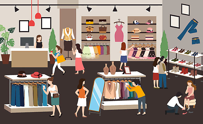 전신 라이프스타일 옷 여자 남자 구두 일러스트 사람 여러명 성인 일상 쇼핑 상점 전시 구매 쇼핑몰 구경 진열장 백화점 스토어 국내일러스트 AI파일 다수 신발 라이프 생활 파일형식 벡터