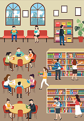 전신 라이프스타일 여자 남자 일러스트 책장 서기 사람 앉기 여러명 성인 일상 독서 도서관 원형탁자 책더미 국내일러스트 AI파일 교육 가구 다수 모션 탁자 라이프 생활 책 무더기 파일형식 벡터