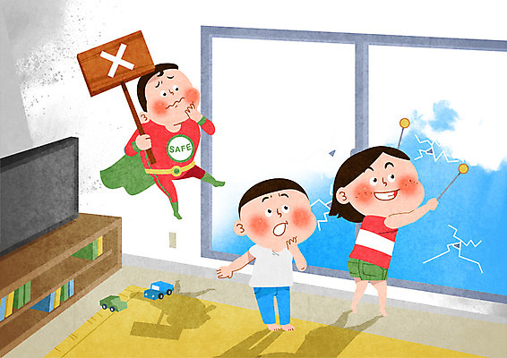 전신 PSD 여자 남자 어린이 일러스트 실내 서기 미소 안전 사람 성인 세명 놀람 팻말 금지 구조원 즐거움 곤란 어린이안전 유리창닦기 두드리기 국내일러스트 직업 감정 모션 프레임 표정 내부 닦기 파일형식