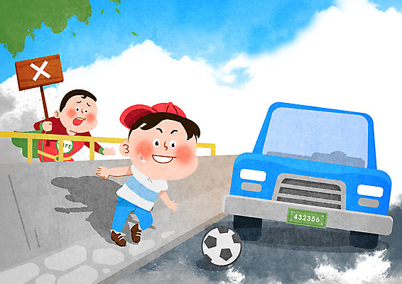 전신 PSD 남자 도로 어린이 일러스트 축구공 자동차 미소 안전 사람 상반신 성인 두명 달리기 놀람 팻말 차도 금지 위험 구조원 어린이안전 국내일러스트 직업 감정 길 육상교통 컨셉 공 축구용품 교통시설 모션 프레임 표정 파일형식