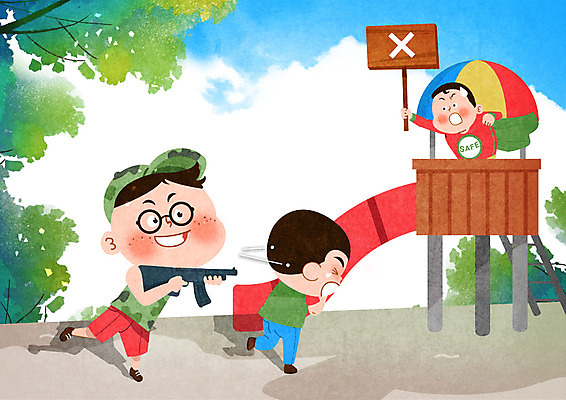 전신 PSD 남자 어린이 일러스트 장난 안전 사람 상반신 성인 세명 팻말 고통 금지 미끄럼틀 놀이터 위험 발사 구조원 총알 어린이안전 총놀이 총쏘기 남자만 국내일러스트 직업 감정 무기 컨셉 모션 놀이 프레임 놀이기구 파일형식