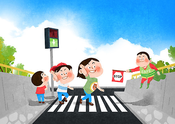 전신 PSD 여자 남자 어린이 일러스트 미소 안전 사람 여러명 성인 손들기 차도 깃발 횡단보도 정지 신호등 구조원 스쿨존 어린이안전 철길건널목 국내일러스트 직업 도로 다수 모션 표정 기찻길 보행로 파일형식