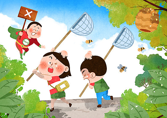 전신 PSD 여자 남자 어린이 일러스트 안전 사람 성인 세명 놀람 팻말 고통 금지 꿀벌 말벌 숲속 구조원 눈물 채집망 벌집 벌침 어린이안전 국내일러스트 직업 감정 프레임 표정 벌_곤충 숲 파일형식