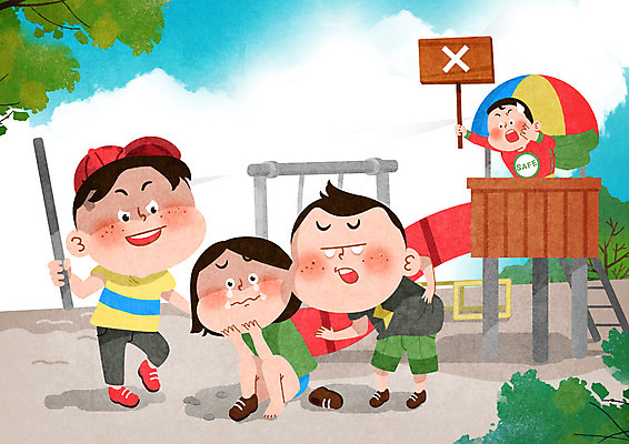 전신 PSD 여자 남자 어린이 일러스트 안전 사람 여러명 성인 팻말 금지 폭력 막대기 울음 미끄럼틀 놀이터 무서움 구조원 위협 눈물 웅크림 어린이안전 학교폭력 뺏기 국내일러스트 직업 감정 다수 모션 놀이 프레임 표정 놀이기구 사회이슈 파일형식