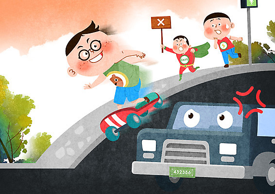 전신 PSD 남자 도로 어린이 일러스트 미소 안전 사람 성인 세명 달리기 놀람 팻말 트럭 금지 스케이트보드 구조원 곤란 무단횡단 어린이안전 남자만 무단 국내일러스트 직업 감정 길 교통시설 모션 자동차 프레임 표정 보드_스포츠 횡단 파일형식