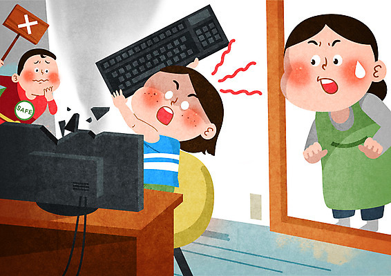 전신 PSD 여자 남자 어린이 일러스트 들기 안전 사람 앉기 상반신 성인 세명 컴퓨터 모니터 놀람 팻말 금지 분노 키보드 폭력 던지기 구조원 책상 인터넷중독 곤란 깨짐 어린이안전 국내일러스트 직업 감정 가구 컨셉 모션 프레임 표정 전자제품 사회이슈 중독 파일형식