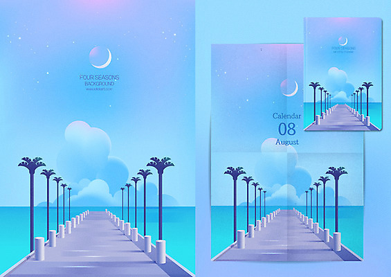 구름 계절 별 바다 하늘색 백그라운드 일러스트 풍경 사람없음 여름 야자수 여름풍경 달력 초승달 방파제 계절백그라운드 그라데이션 8월 목업 수평선 국내일러스트 AI파일 자연요소 나무 공공시설 파란색 달 날짜 파일형식 벡터 여름_계절