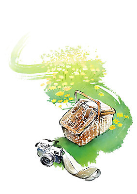 PSD 꽃 일러스트 캘리그라피 붓터치 잔디 사람없음 초록색 소풍 카메라 번짐 소풍바구니 국내일러스트 식물 컬러 전자제품 야외활동 바구니 파일형식 효과