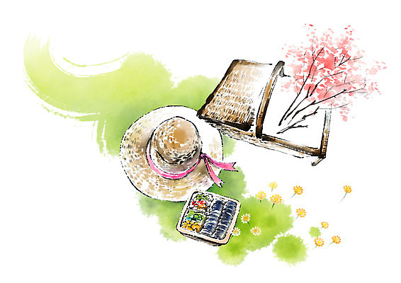 PSD 일러스트 캘리그라피 붓터치 잔디 사람없음 연두색 소풍 김밥 도시락 번짐 꽃가지 소풍바구니 챙모자 국내일러스트 식물 모자_잡화 꽃 음식 초록색 야외활동 바구니 나뭇가지 파일형식 효과