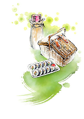 PSD 일러스트 캘리그라피 붓터치 사람없음 초록색 소풍 물병 김밥 번짐 보온병 소풍바구니 국내일러스트 음식 컬러 야외활동 바구니 물통 파일형식 효과