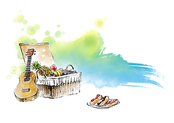 PSD 접시 일러스트 캘리그라피 붓터치 바나나 사람없음 소풍 도넛 사과 통기타 파인애플 번짐 과일바구니 소풍바구니 국내일러스트 식기 과일 디저트 야외활동 바구니 기타 열대과일 파일형식 효과