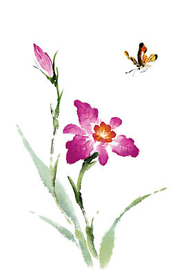 PSD 한마리 꽃 나비 일러스트 수채화 사람없음 보라색 꽃봉오리 국내일러스트 식물 1 컬러 곤충 파일형식