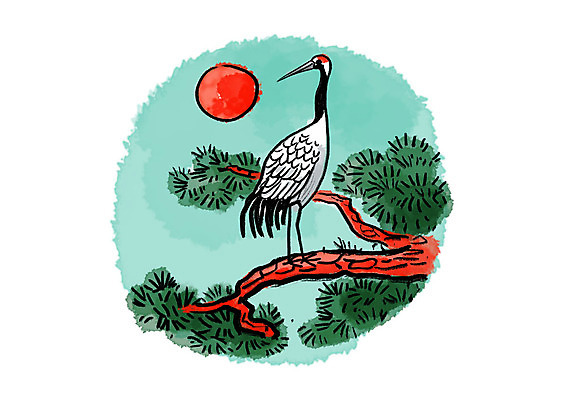 PSD 한마리 응시 일러스트 캘리그라피 붓터치 앉기 사람없음 태양 학 소나무 동양화 번짐 십장생 국내일러스트 자연요소 나무 1 시선 모션 조류 미술 파일형식 효과