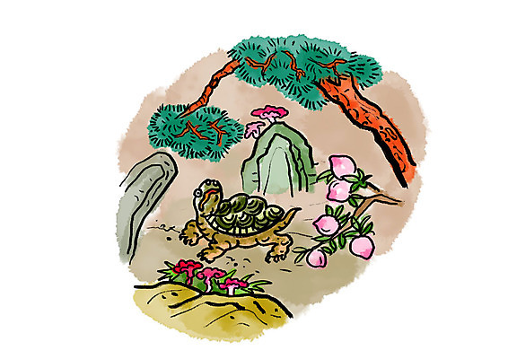 PSD 한마리 꽃 일러스트 캘리그라피 붓터치 사람없음 올려보기 암석 소나무 거북이 숲속 동양화 번짐 십장생 국내일러스트 나무 식물 1 파충류 모션 미술 돌_바위 숲 파일형식 효과