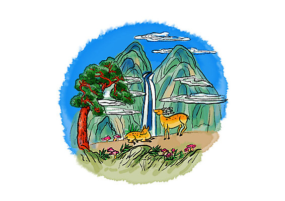 PSD 구름 꽃 두마리 일러스트 캘리그라피 붓터치 사슴 산 풍경 사람없음 폭포 암석 소나무 동양화 번짐 산속 십장생 국내일러스트 자연요소 나무 식물 2 포유류 자연 미술 돌_바위 파일형식 효과