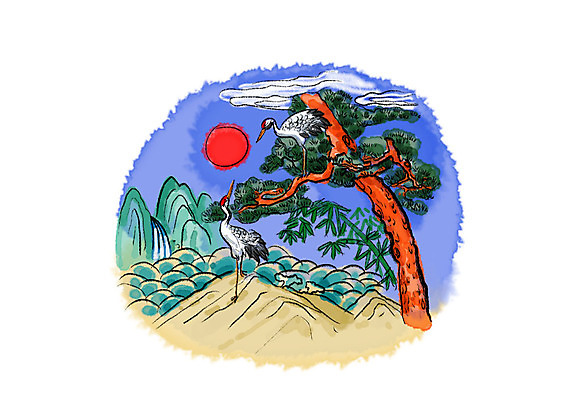 PSD 구름 두마리 일러스트 캘리그라피 붓터치 산 풍경 사람없음 태양 폭포 학 소나무 숲속 동양화 번짐 십장생 국내일러스트 자연요소 나무 2 자연 조류 미술 숲 파일형식 효과