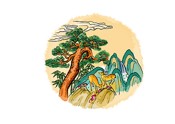 PSD 구름 꽃 두마리 일러스트 캘리그라피 붓터치 사슴 산 풍경 사람없음 폭포 암석 소나무 동양화 번짐 산속 십장생 국내일러스트 자연요소 나무 식물 2 포유류 자연 미술 돌_바위 파일형식 효과