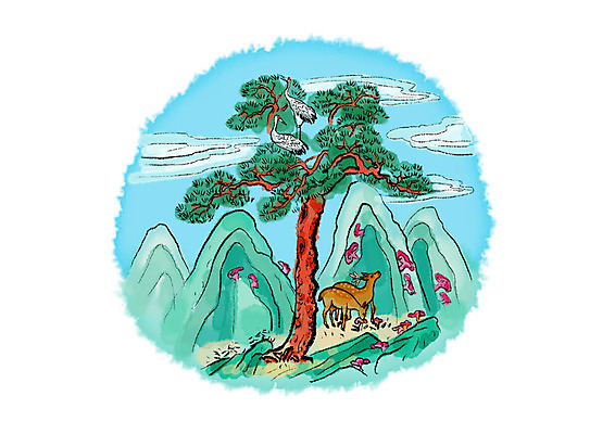 PSD 구름 꽃 두마리 일러스트 캘리그라피 붓터치 사슴 산 풍경 사람없음 학 소나무 숲 동양화 번짐 십장생 국내일러스트 자연요소 나무 식물 2 포유류 조류 미술 파일형식 효과