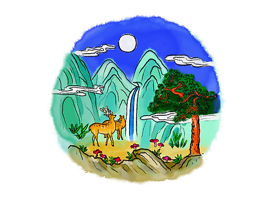 PSD 구름 두마리 일러스트 캘리그라피 붓터치 사슴 산 풍경 사람없음 폭포 암석 소나무 숲 동양화 번짐 십장생 국내일러스트 자연요소 나무 2 포유류 자연 미술 돌_바위 파일형식 효과