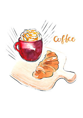PSD 커피 음식 일러스트 사람없음 커피잔 크루아상 브런치 나무도마 모카커피 국내일러스트 음료 빵 잔 도마 목재 식사 파일형식