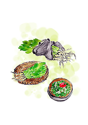 PSD 음식 일러스트 캘리그라피 반찬 붓터치 사람없음 소쿠리 봄 번짐 나물무침 봄나물 유채나물 국내일러스트 계절 채소 바구니 나물 무침 파일형식 효과