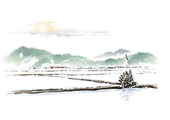 PSD 일러스트 캘리그라피 붓터치 산 풍경 사람없음 태양 도구 번짐 염전 국내일러스트 자연요소 시설 파일형식 효과