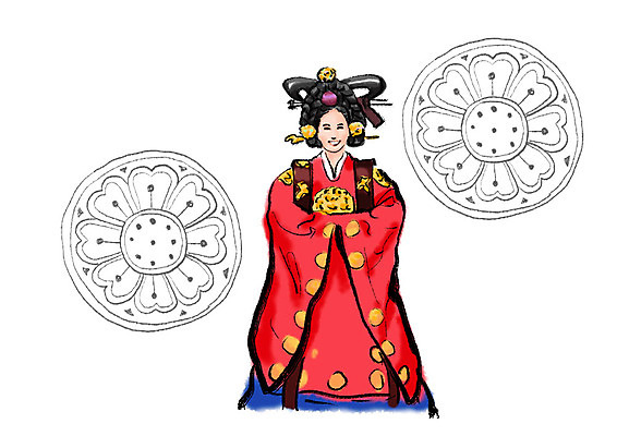 PSD 한국전통 응시 여자 꽃무늬 일러스트 캘리그라피 붓터치 한명 미소 사람 상반신 성인 전통문양 한국인 한복 번짐 혼례복 여왕 궁중의상 성인여자한명만 국내일러스트 1 전통 문양 시선 꽃 무늬 한국 표정 동양인 전통의상 여자한명만 성인여자만 파일형식 효과