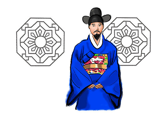 PSD 한국전통 남자 일러스트 캘리그라피 붓터치 한명 사람 상반신 성인 전통문양 한국인 한복 번짐 관복 남자한복 사모관대 성인남자한명만 국내일러스트 1 전통 문양 한국 동양인 전통의상 남자한명만 성인남자만 파일형식 효과