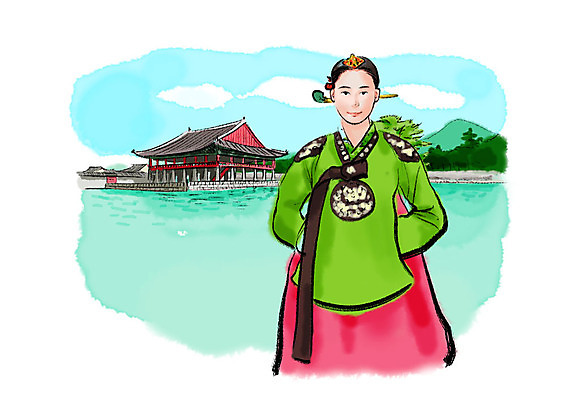 PSD 한국전통 응시 여자 호수 일러스트 캘리그라피 붓터치 한명 미소 사람 상반신 성인 궁전 한국인 한복 정자 번짐 당의 성인여자한명만 국내일러스트 1 전통 건축물 시선 고건축 한국 표정 동양인 전통의상 예복 여자한명만 성인여자만 파일형식 효과