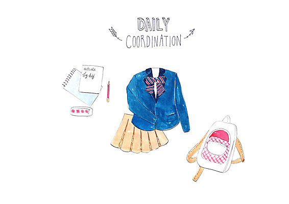 PSD 교복 일러스트 수채화 사람없음 일상 연필 연습장 백팩 필통 코디 국내일러스트 옷 패션 가방 학용품 라이프 필기구 공책 파일형식