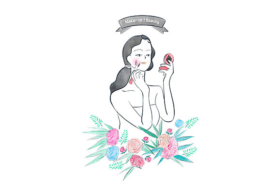 PSD 응시 여자 꽃 일러스트 수채화 한명 미소 사람 상반신 성인 화장 뷰티 볼터치 메이크업브러쉬 성인여자한명만 국내일러스트 식물 1 시선 표정 붓 여자한명만 성인여자만 파일형식